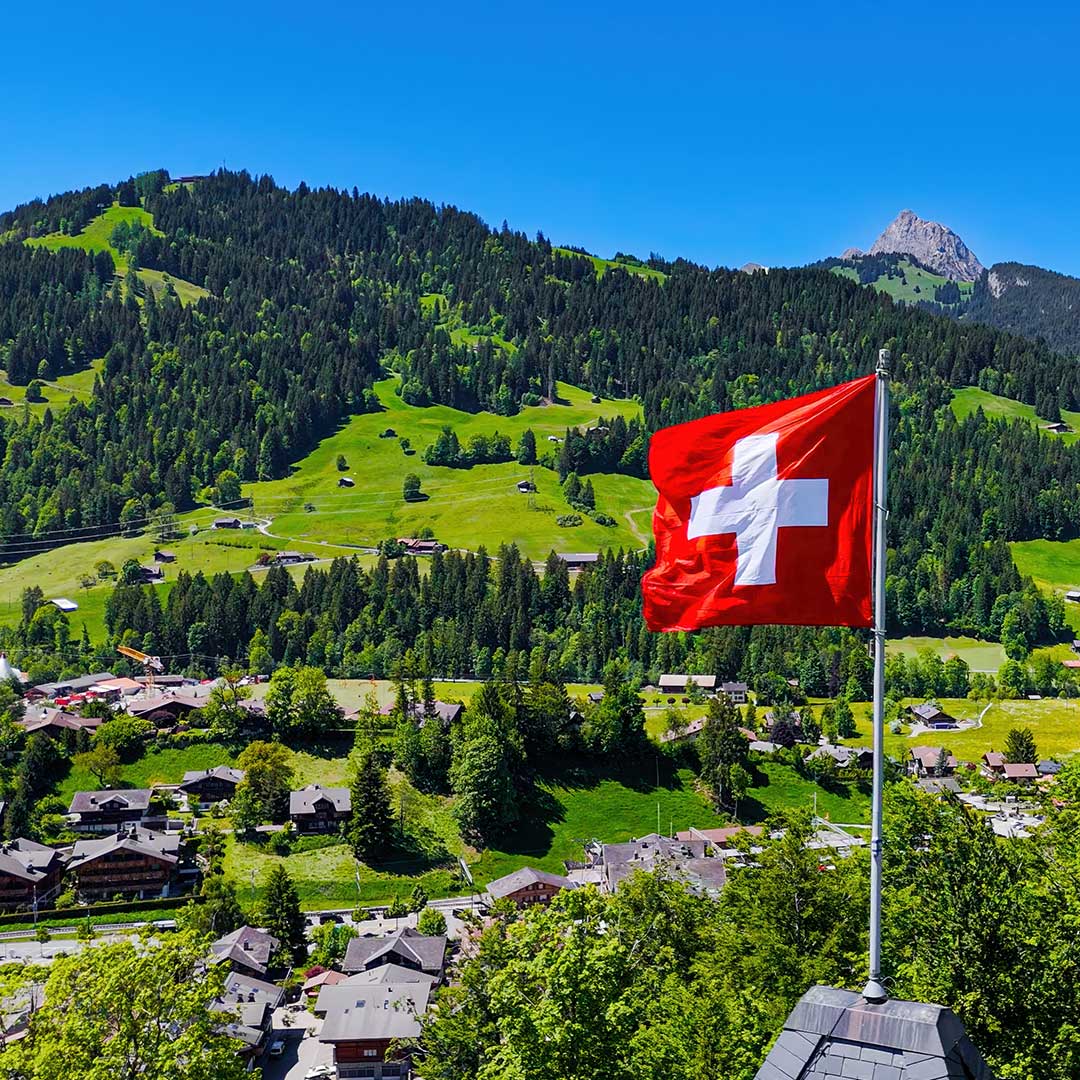 Schweizer Flagge vor grünen Hügeln